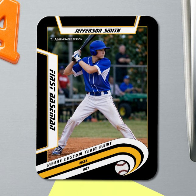 Basebollsuvenir Livlig Gul Svart Anpassad Magnet (Baseball Player Magnet in Black with Custom Team Name and White Yellow Elements)