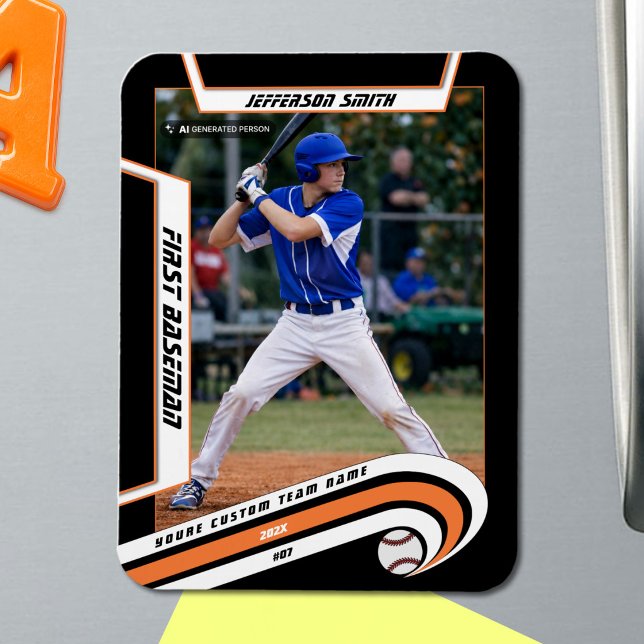 Basebollsuvenirer Livlig Orange Svart Anpassad Magnet (Baseball Player Magnet in Black with Custom Team Name and White Orange Elements)