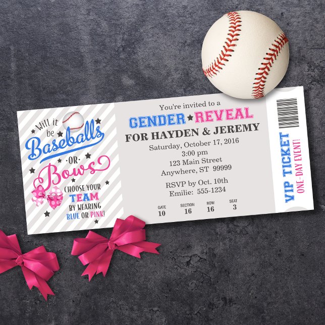 Basebullor eller Bows Gender Reveal Biljett Stil Inbjudningar (Shown on a 4" x 9.25" card)