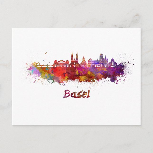 Basel skyline in watercolor vykort (Framsida)