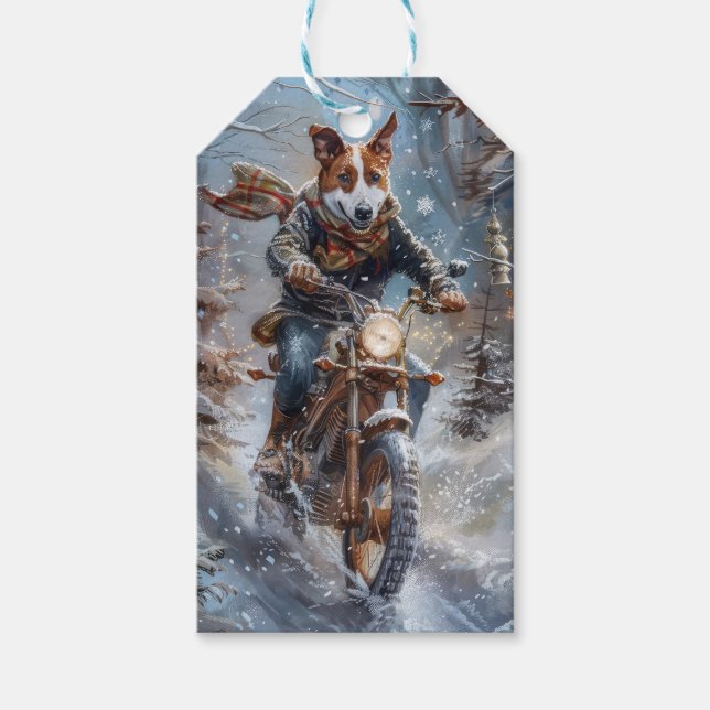 Basenji Dog Riding Motorcycle jul Presentetikett (Framsidan)