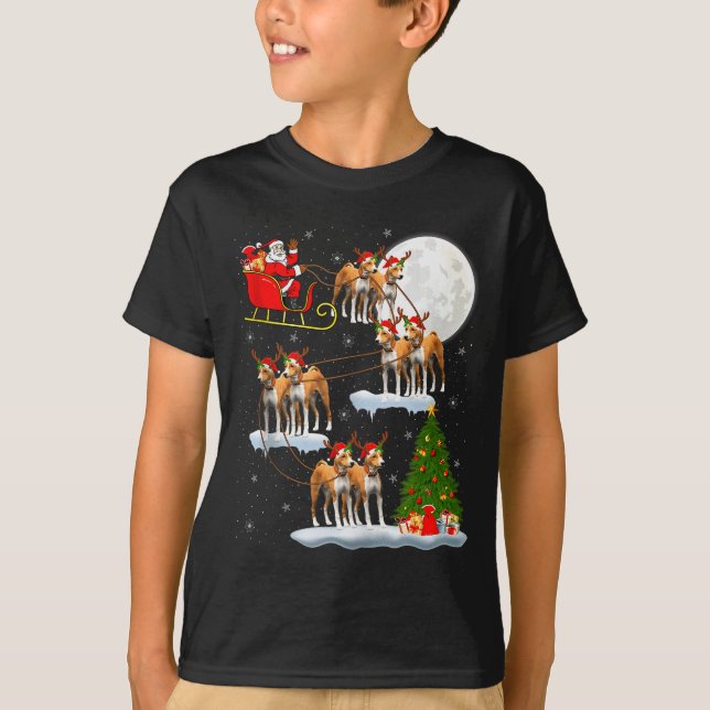 Basenji Dog Santa Sleigh Flying Funny Magical Chri T Shirt (Framsida)