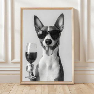 Basenji dricker vin Väggkonst, Svart och Vitt Poster