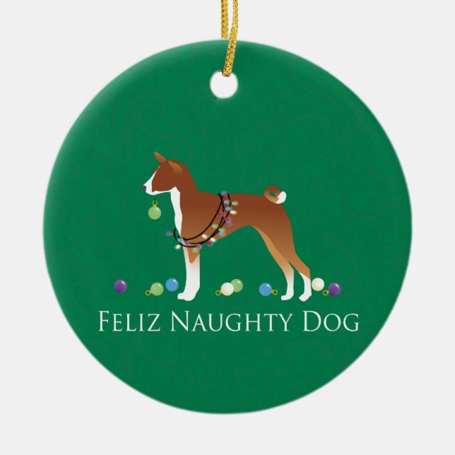 Basenji Feliz Naughty Hund jul Julgransprydnad Keramik (Framsidan)