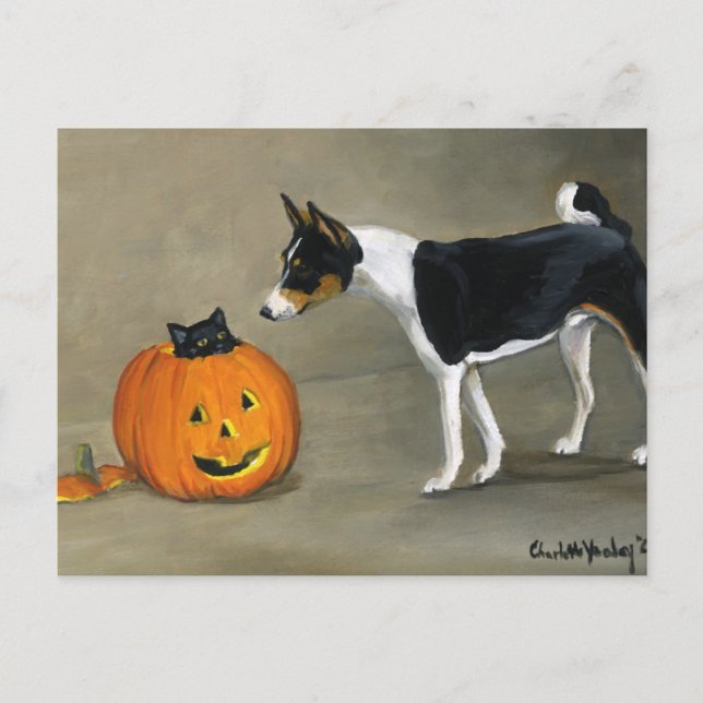 "Basenji Halloween"-Hund Art-vykort Helg Vykort (Framsida)