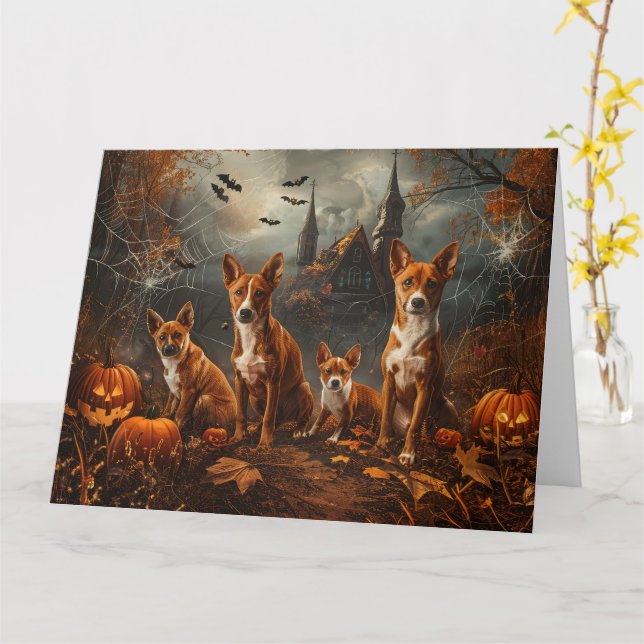 Basenji Halloween Natt Hund Delight Kort (Gul blomma)