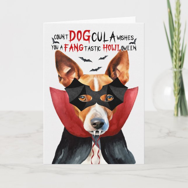 Basenji Hund Funny Count DOGcula Halloween Helgkort (Framsida)