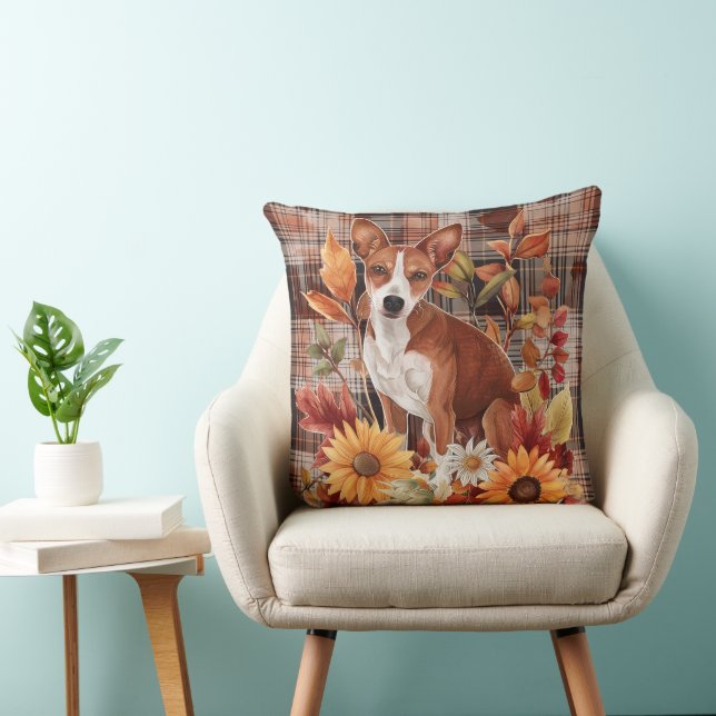 Basenji Hund Höst Vattenfärg Blommor Kudde (Stol)
