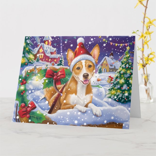 Basenji Hund i jul i Sleigh Snö Kort (Gul blomma)