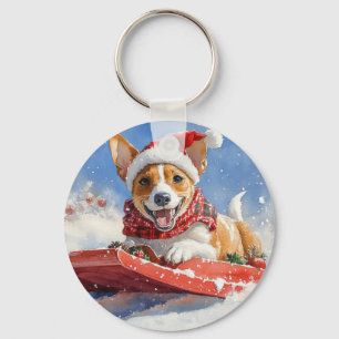 Basenji Hund i Släde Låt det Snöa Jul Nyckelring