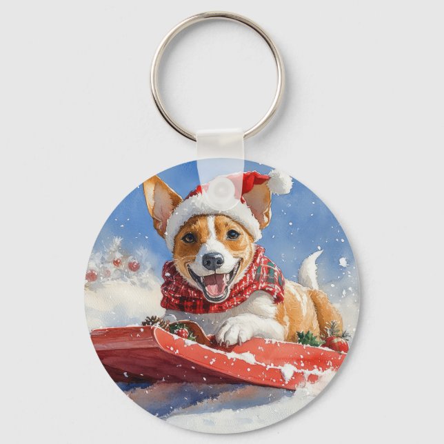 Basenji Hund i Släde Låt det Snöa Jul Nyckelring (Framsida)