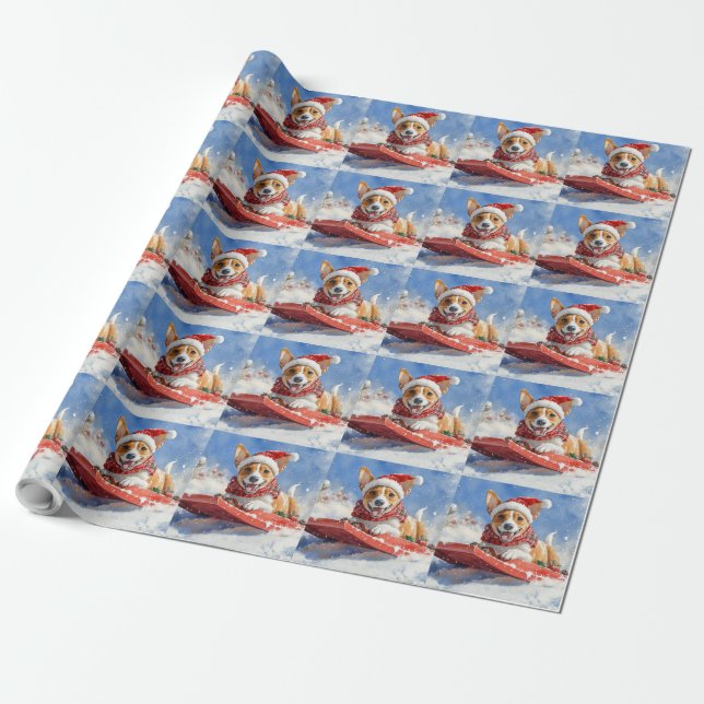 Basenji Hund i Släde Låt det Snöa Jul Presentpapper (Utrullad)