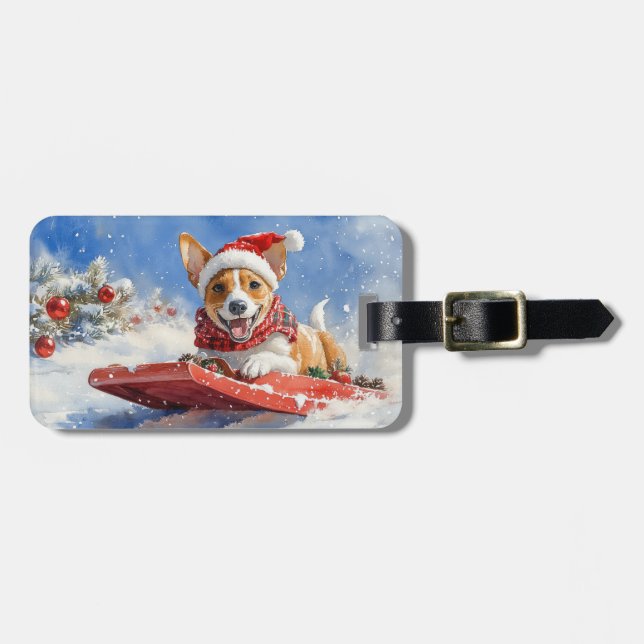 Basenji Hund i Sledge Låt det snöa jul Bagagebricka (Horisontell Framsida)