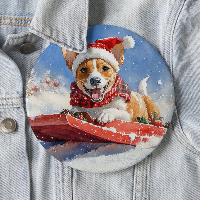 Basenji Hund i Sledge Låt det snöa jul Knapp (In Situ)