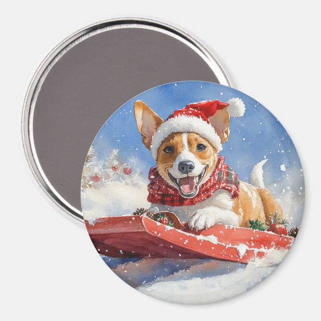 Basenji Hund i Sledge Låt det snöa jul Magnet (Front/Back)