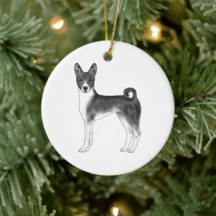 Basenji Hund i Svart och Vitt med Anpassad Text Julgransprydnad Keramik