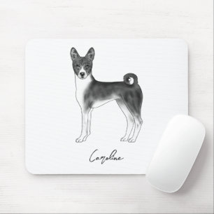 Basenji hund i svart och vitt med anpassat namn musmatta