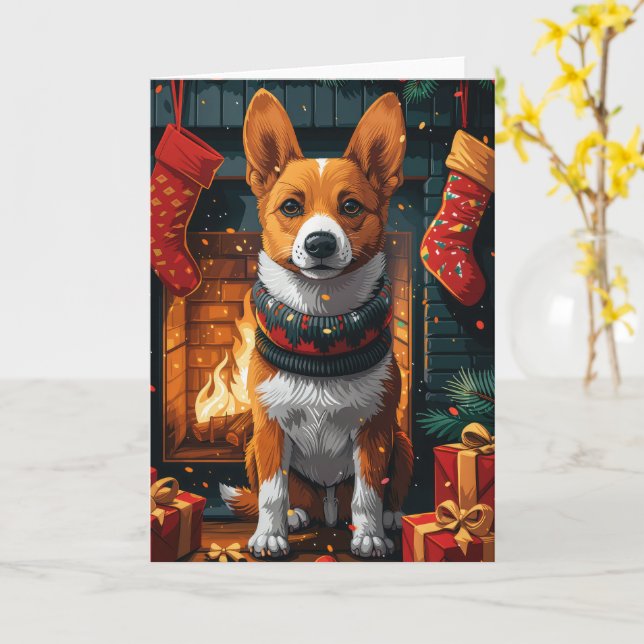 Basenji Hund Med Julpresenter Öppen Spis Kort (Gul blomma)