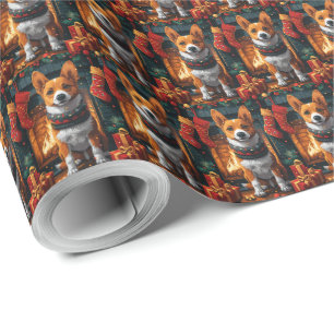 Basenji Hund Med Julpresenter Öppen Spis Presentpapper