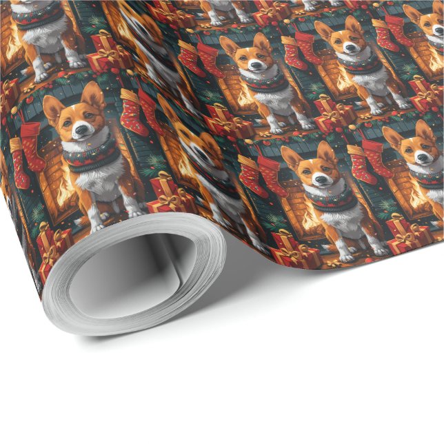 Basenji Hund Med Julpresenter Öppen Spis Presentpapper (Rulle Hörn)
