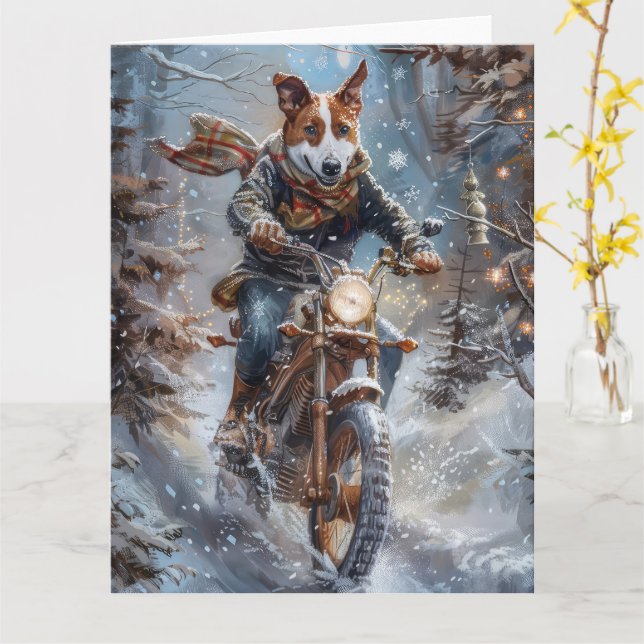 Basenji Hund Ridande Motorcykel Jul Kort (Gul blomma)