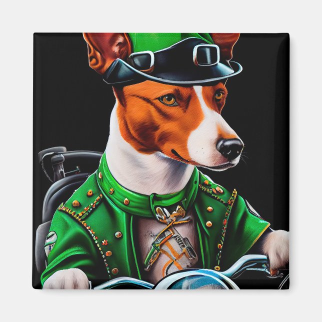 Basenji-Hund som kör cykel St. Patrick's Day Magnet (Framsidan)