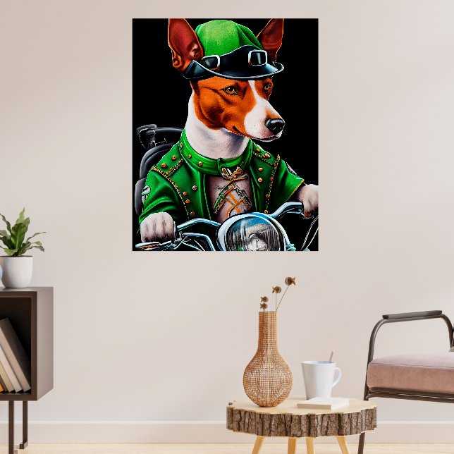 Basenji-Hund som kör cykel St. Patrick's Day Poster (Vardagsrum 3)
