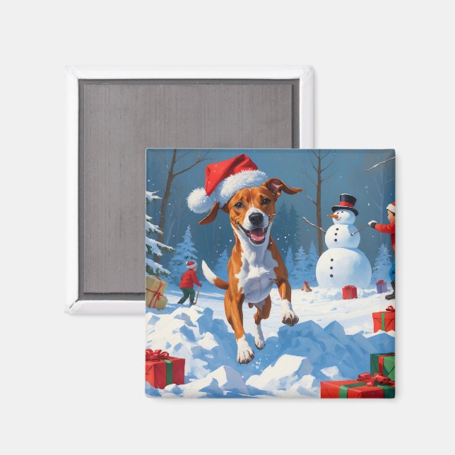 Basenji-hund som leker i snö Vinterscen Magnet (Front/Back)