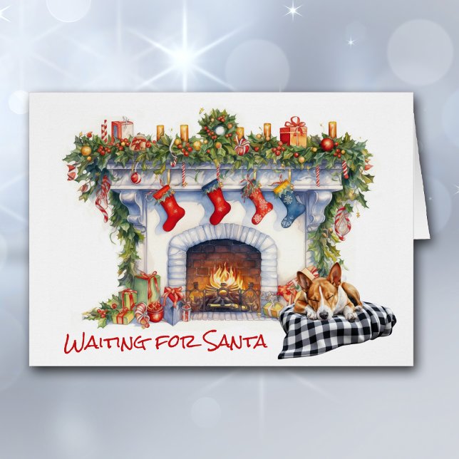 Basenji Hund Vänta på julfireplace Hälsningskort (Skapare uppladdad)