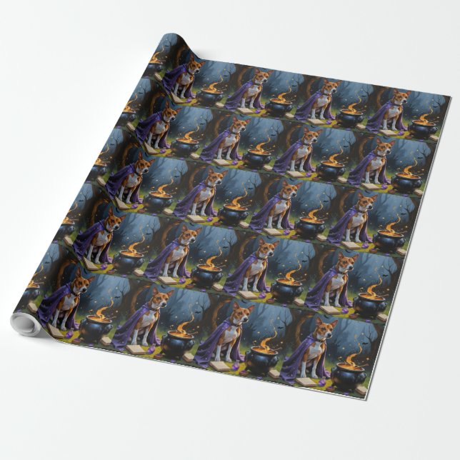 Basenji Hund Whimsical Halloween-målning Presentpapper (Utrullad)