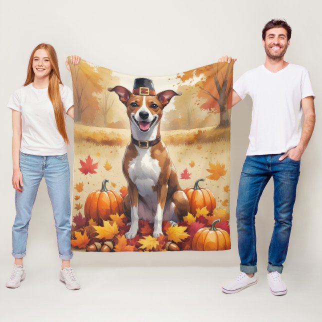 Basenji i höstlöv tackgivande konst fleecefilt (På plats)