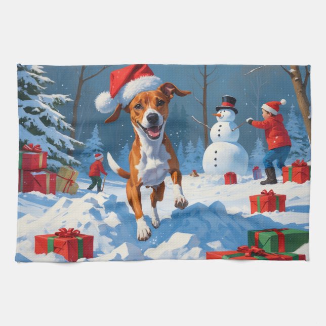Basenji Jul Festiv Snö Scen Kökshandduk (Horisontell)
