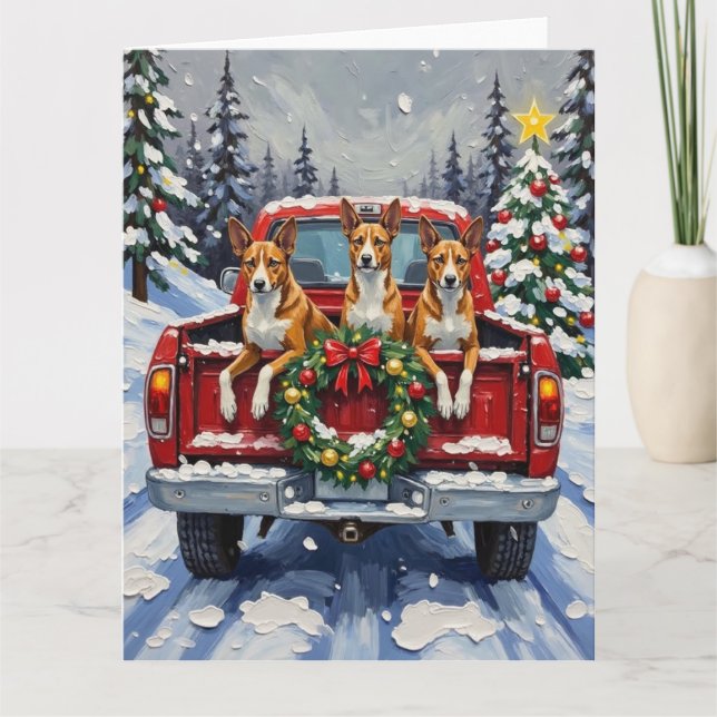 Basenji jul röd lastbil semester kort (Framsida)