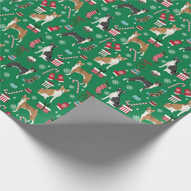 Basenji julhundar godisrandar grönt mönster presentpapper (Hörn)