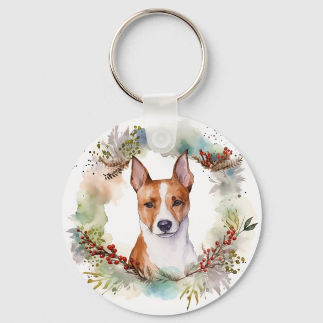 Basenji Julkrans Festiva Hundvalp Nyckelring (Framsida)