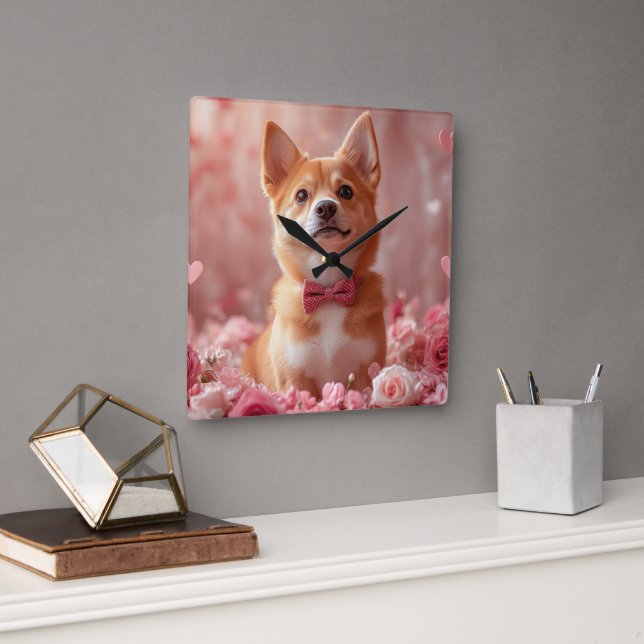 Basenji med rosor - Alla hjärtans dag Fyrkantig Klocka (Kontor)