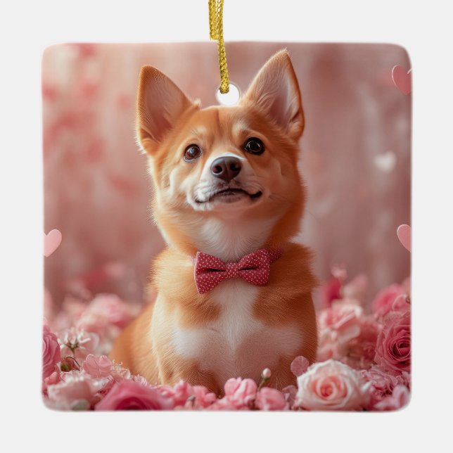 Basenji med rosor - Alla hjärtans dag Julgransprydnad Keramik (Framsida)