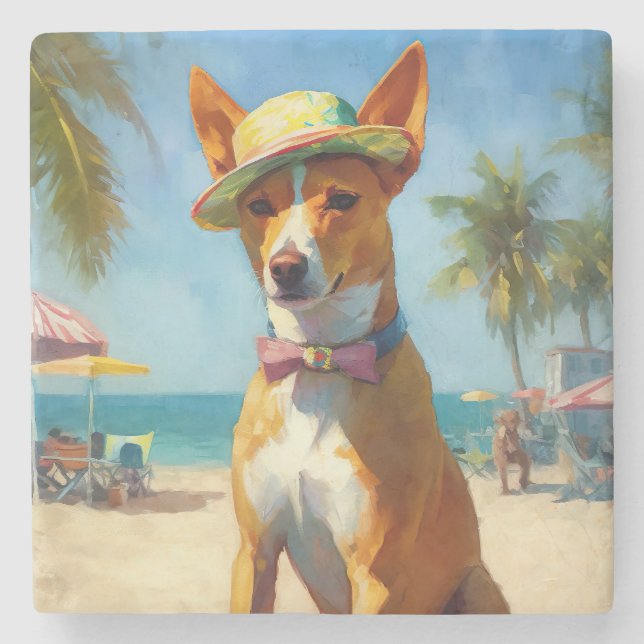 Basenji på Beach, sommargåva till hundälskare Stenunderlägg (Framsidan)