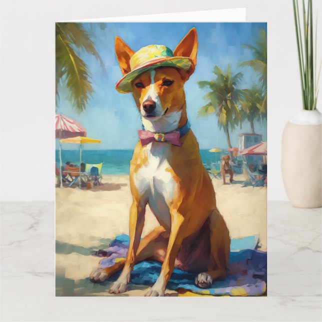 Basenji på strand, sommarpresent till hundälskare  kort (Framsida)