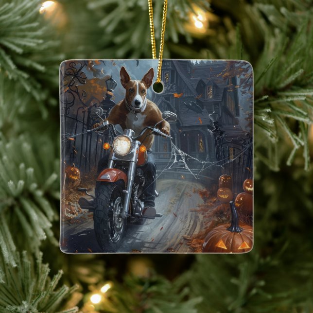 Basenji Riding Motorcycle Halloween Scary Julgransprydnad Keramik (Träd)