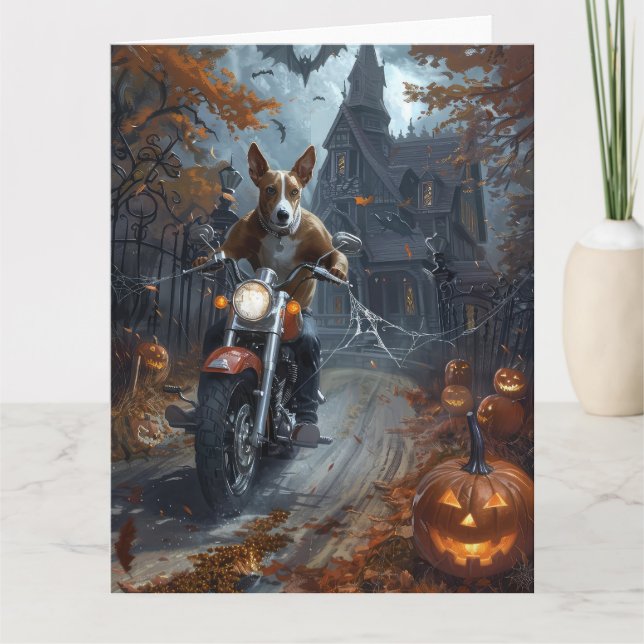 Basenji Riding Motorcycle Halloween Scary Kort (Framsida)