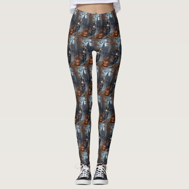 Basenji Riding Motorcycle Halloween Scary Leggings (Framsida)