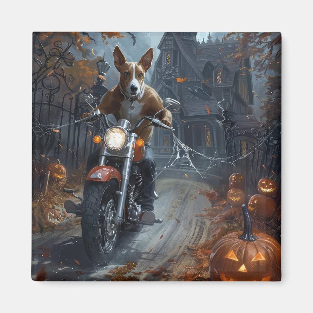 Basenji Riding Motorcycle Halloween Scary Magnet (Framsidan)