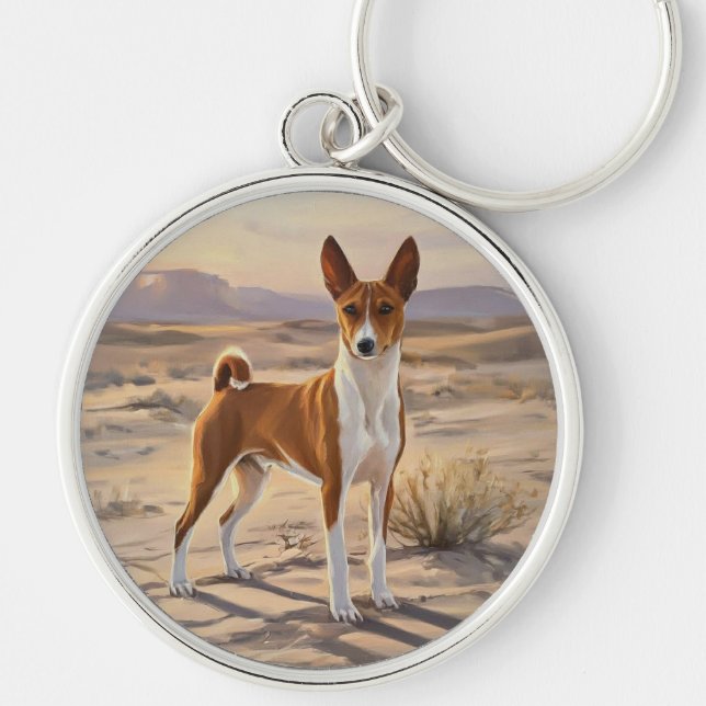 Basenji Rund Silverfärgad Nyckelring (Framsidan)