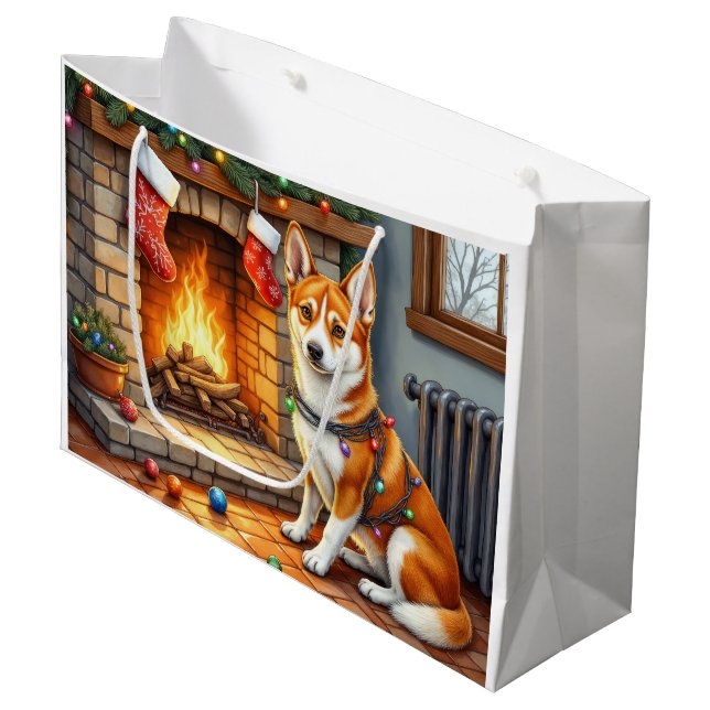 Basenji sittande vid öppen spis med julbelysning (Framsidan Vinklad)