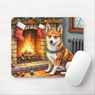 Basenji sittande vid öppen spis med julbelysning musmatta