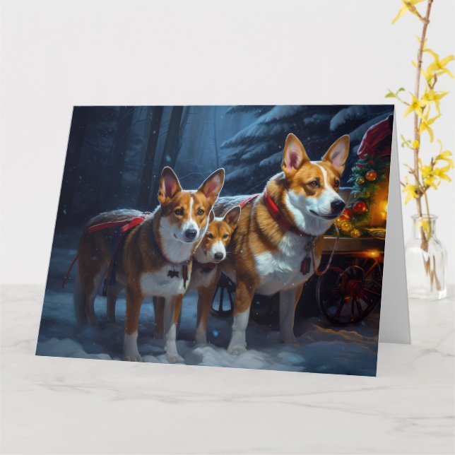 Basenji Snowy Sleigh-juldekretet Kort (Gul blomma)