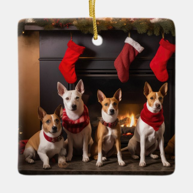 Basenji vid brasan jul julgransprydnad keramik (Framsida)