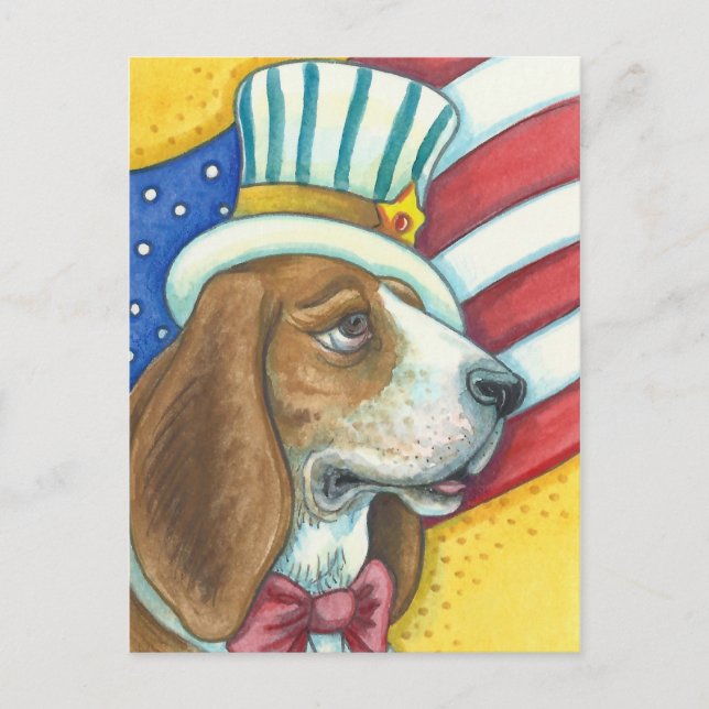 BASET HOUNCLE UNCLE SAM, PATRIOTIC HUND POSTCARD VYKORT (Framsida)