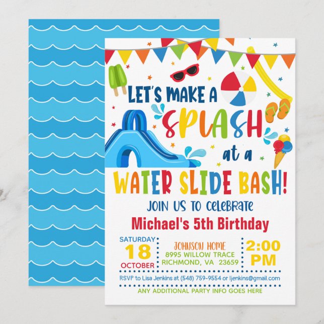 Bash Birthday-inbjudan till vattendiabild - Boy Inbjudningar (Fram/baksida)